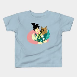 Girl hugging dog and florals Kids T-Shirt